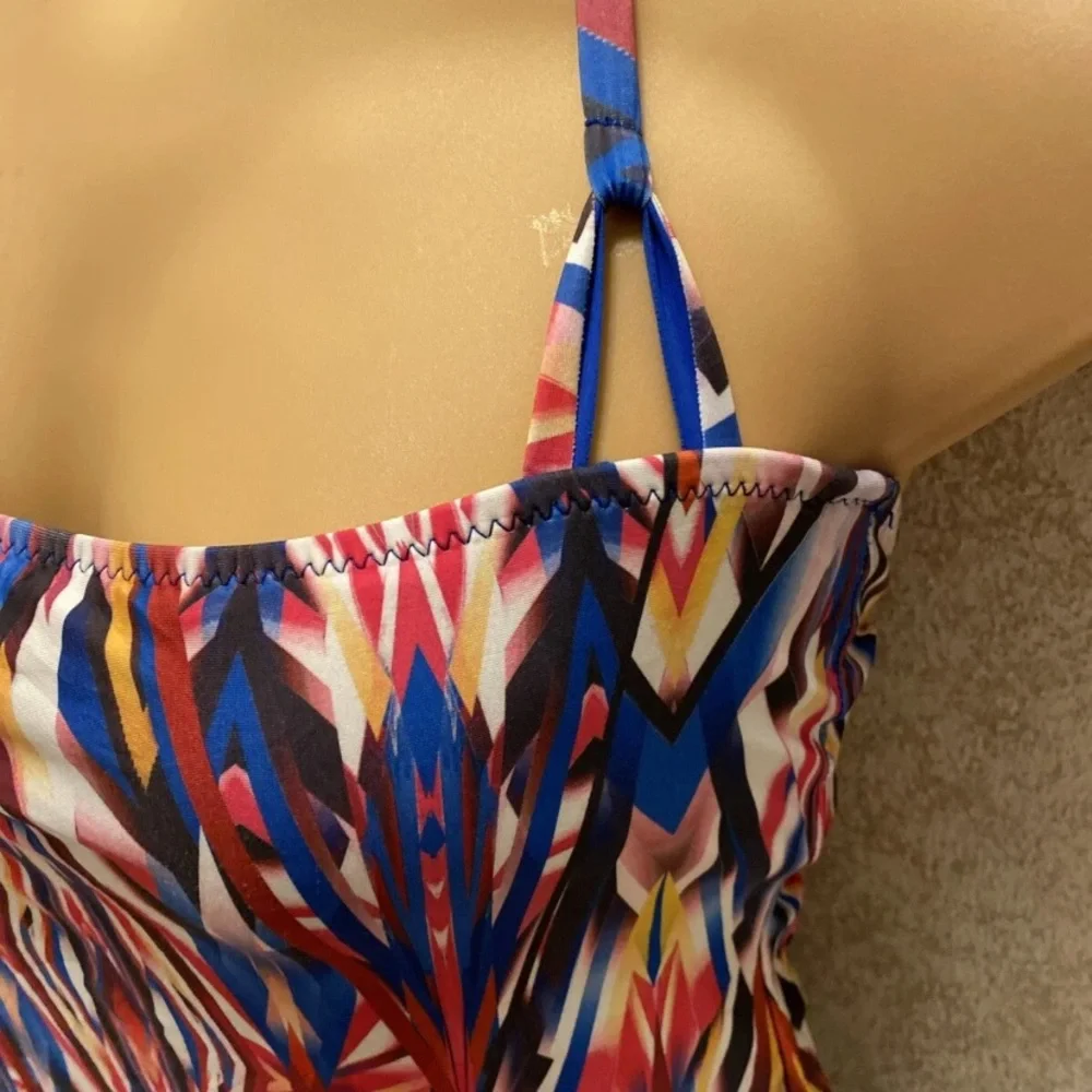 Colorful Geometric Bikini Top and Blue Shorts